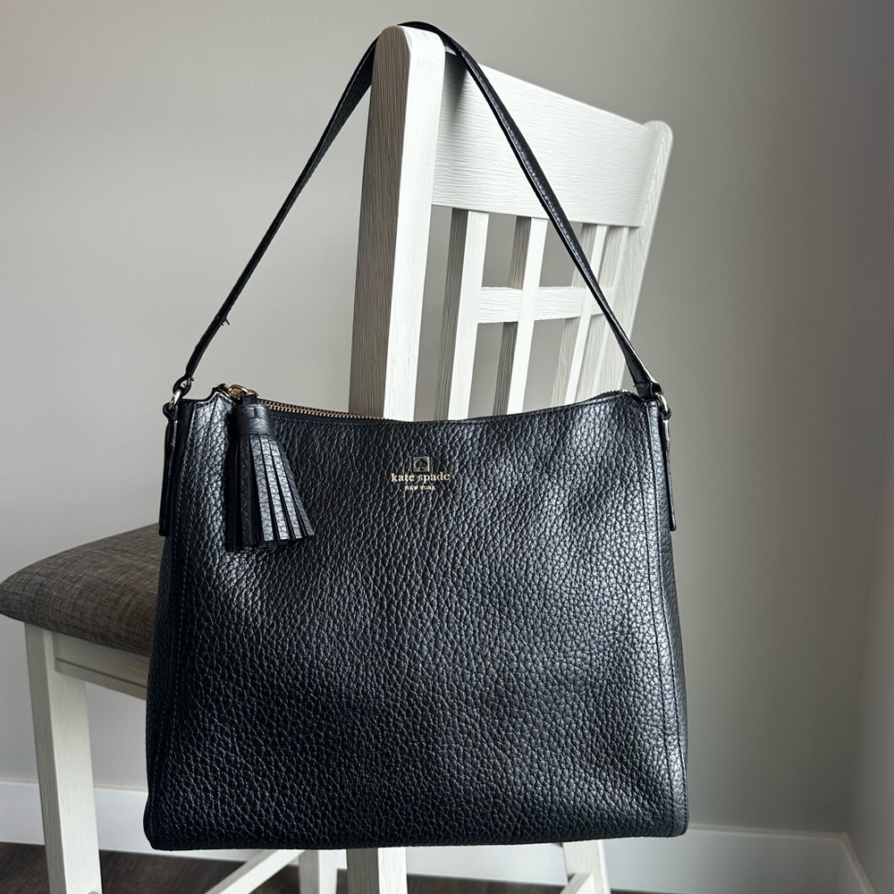 kate spade Black Pebbled Leather Shoulder Hobo with Tassel